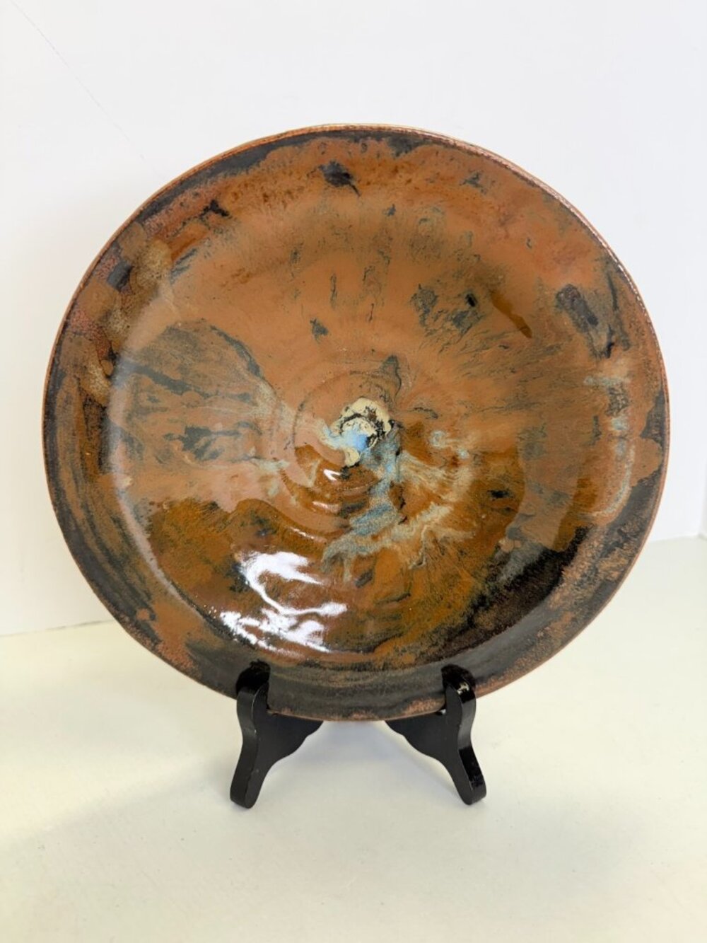 Studio Pottery Hand Thrown Ceramic Bowl Glaze Brown White Blue Speckled Clay 9"